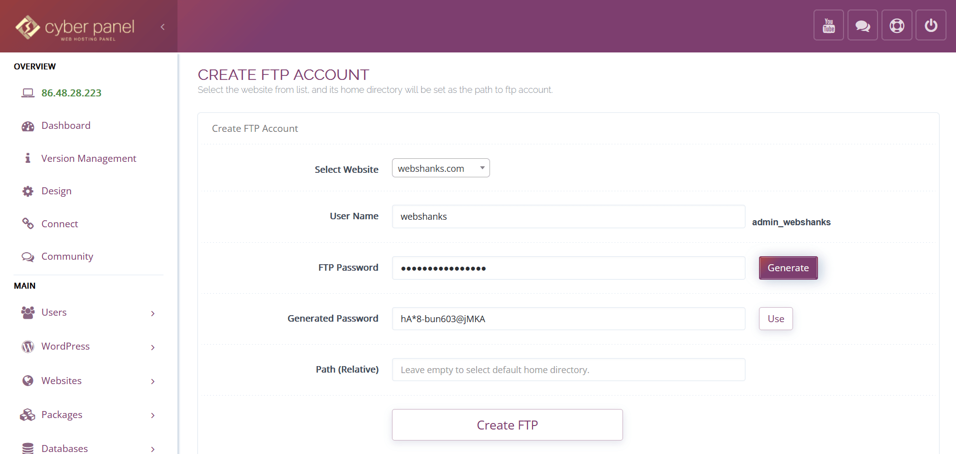 Create FTP Account CyberPanel