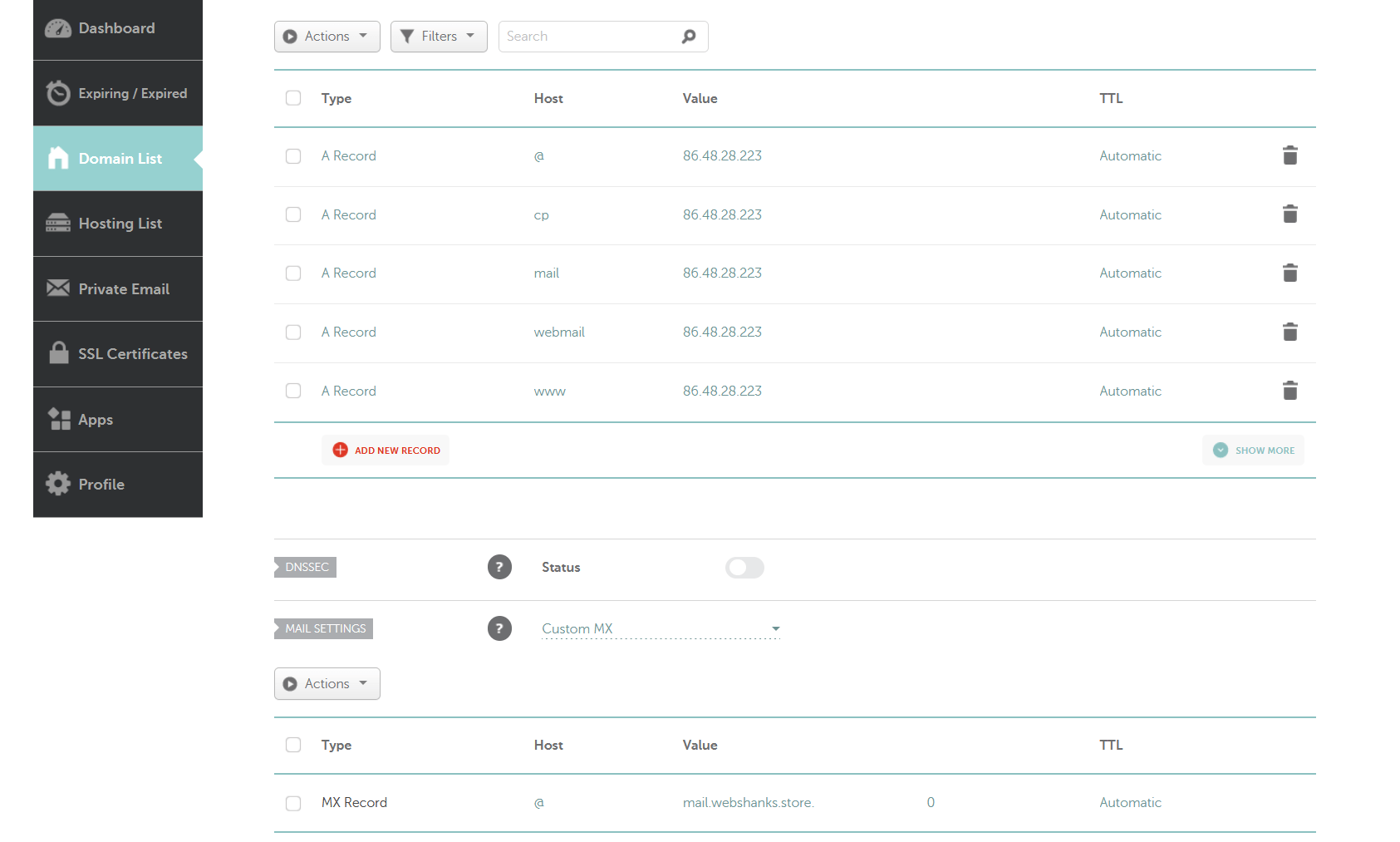 DNS Records in Namecheap from HestiaCP DNS