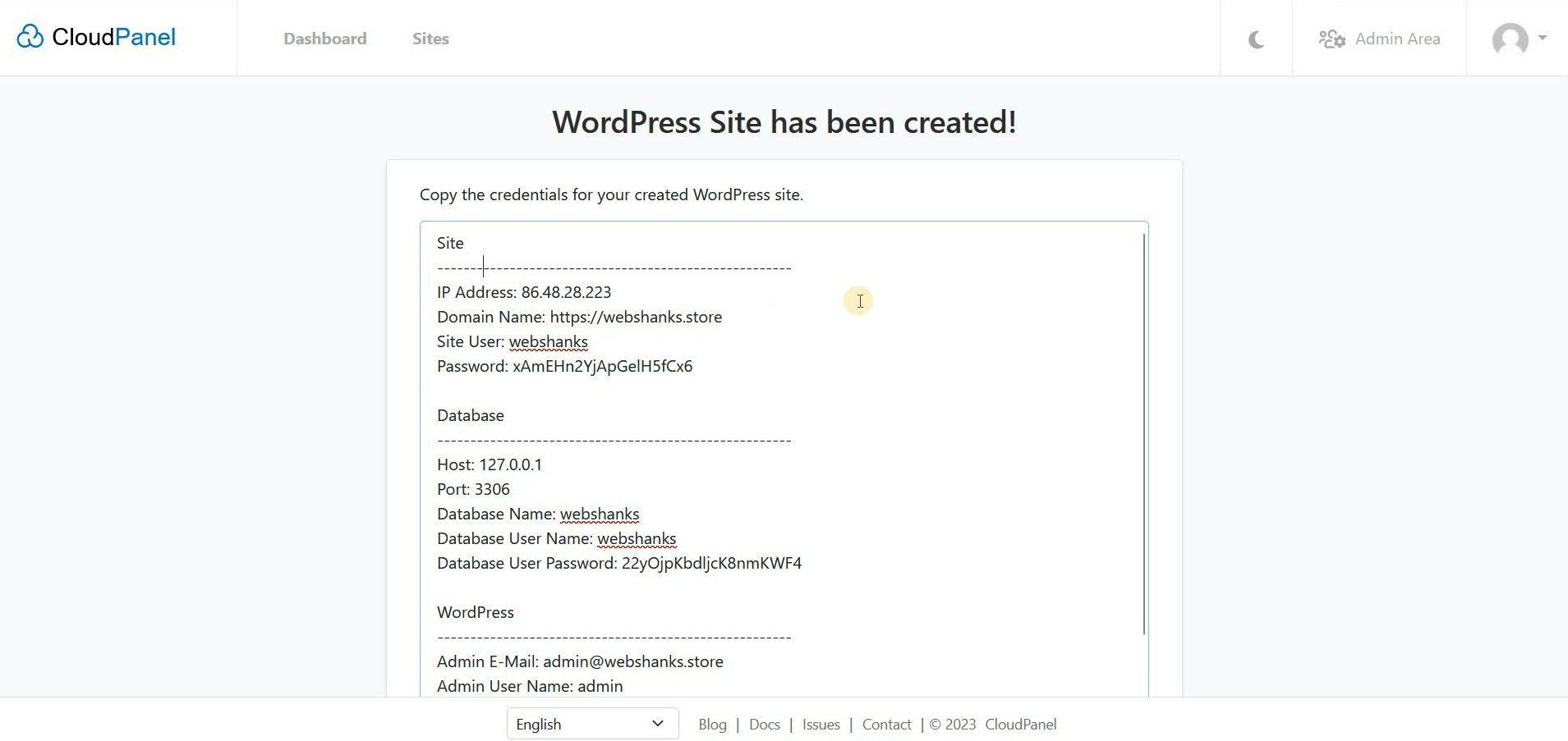 WordPress Credentials CloudPanel