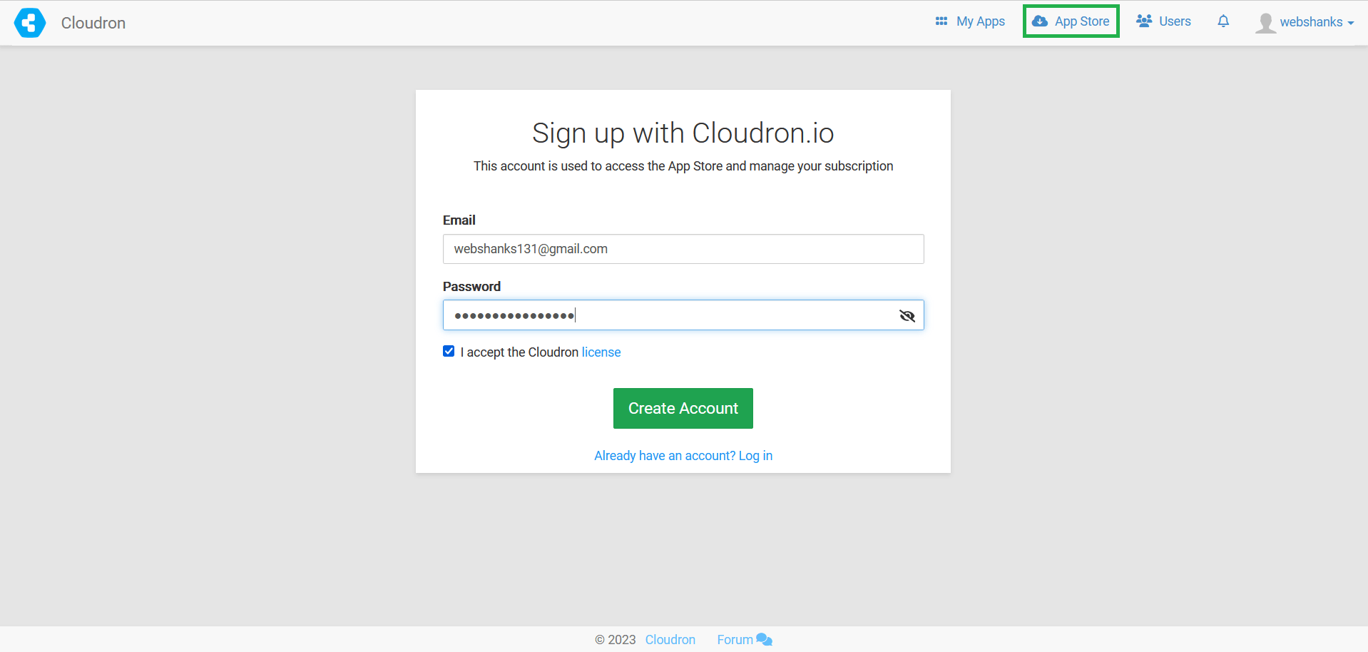 Cloudron Apps Create Account