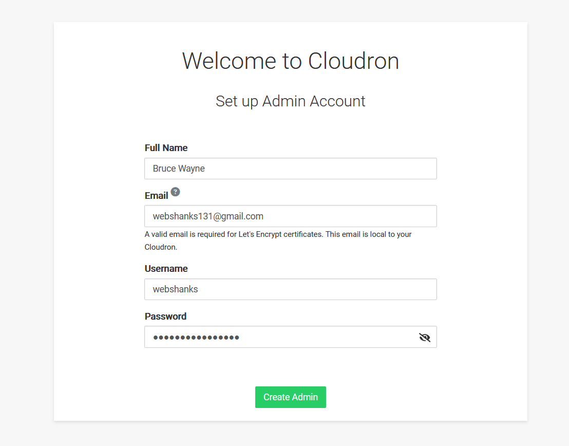 Cloudron Create Admin Account