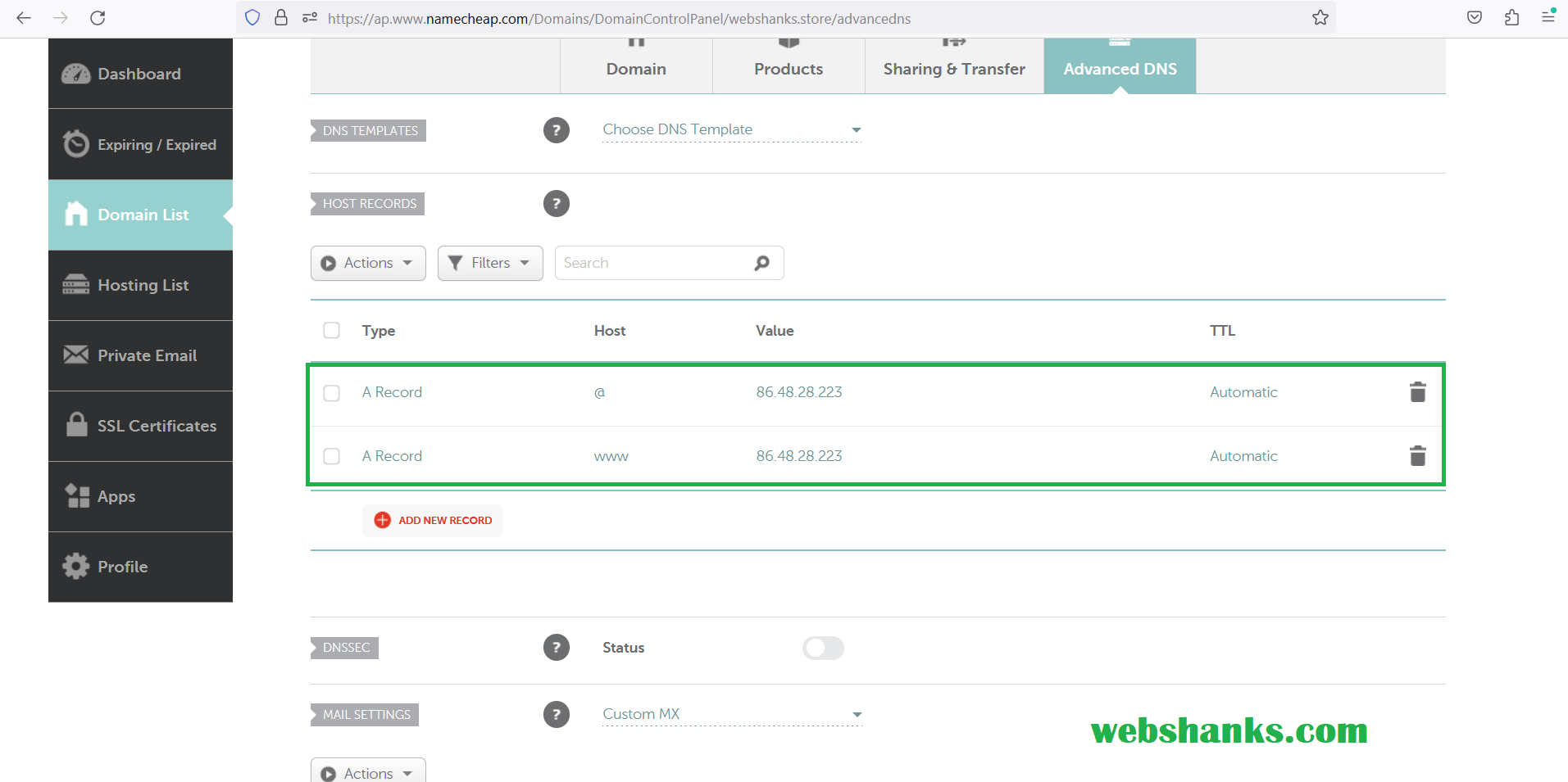 Namecheap A Records for Non-WWW and WWW