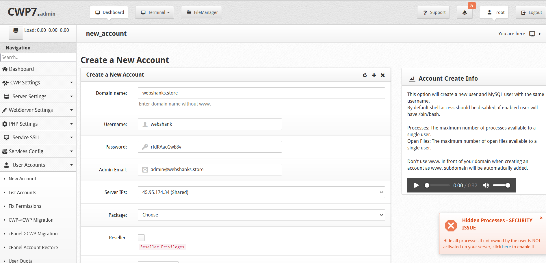 Create New Account Control Web Panel