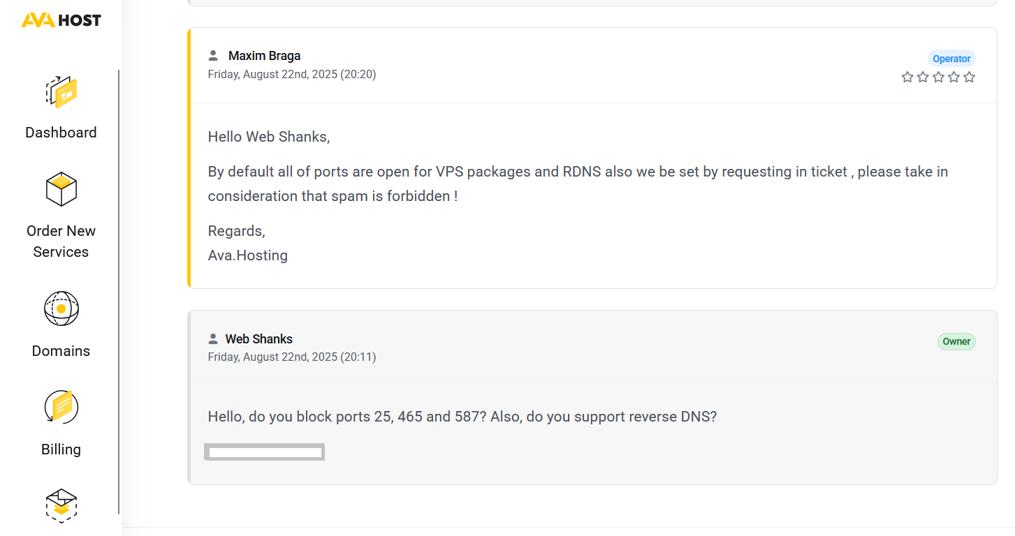 AvaHosting Support on Their Open Port 25