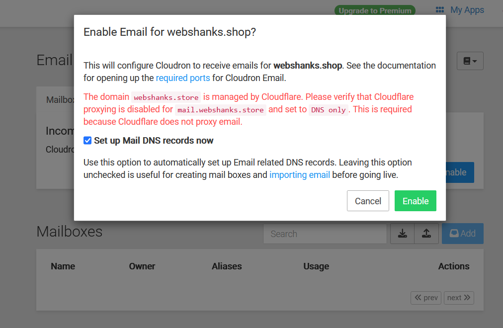 Enable Email for New Domain Cloudron 3
