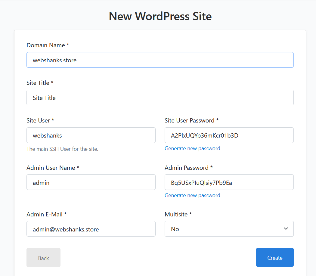 Fill New WordPress Details CloudPanel