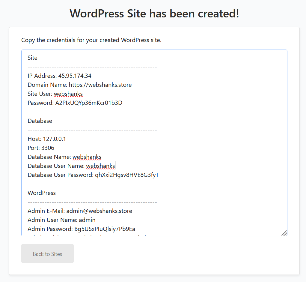 Newly Created WP Credentials CloudPanel