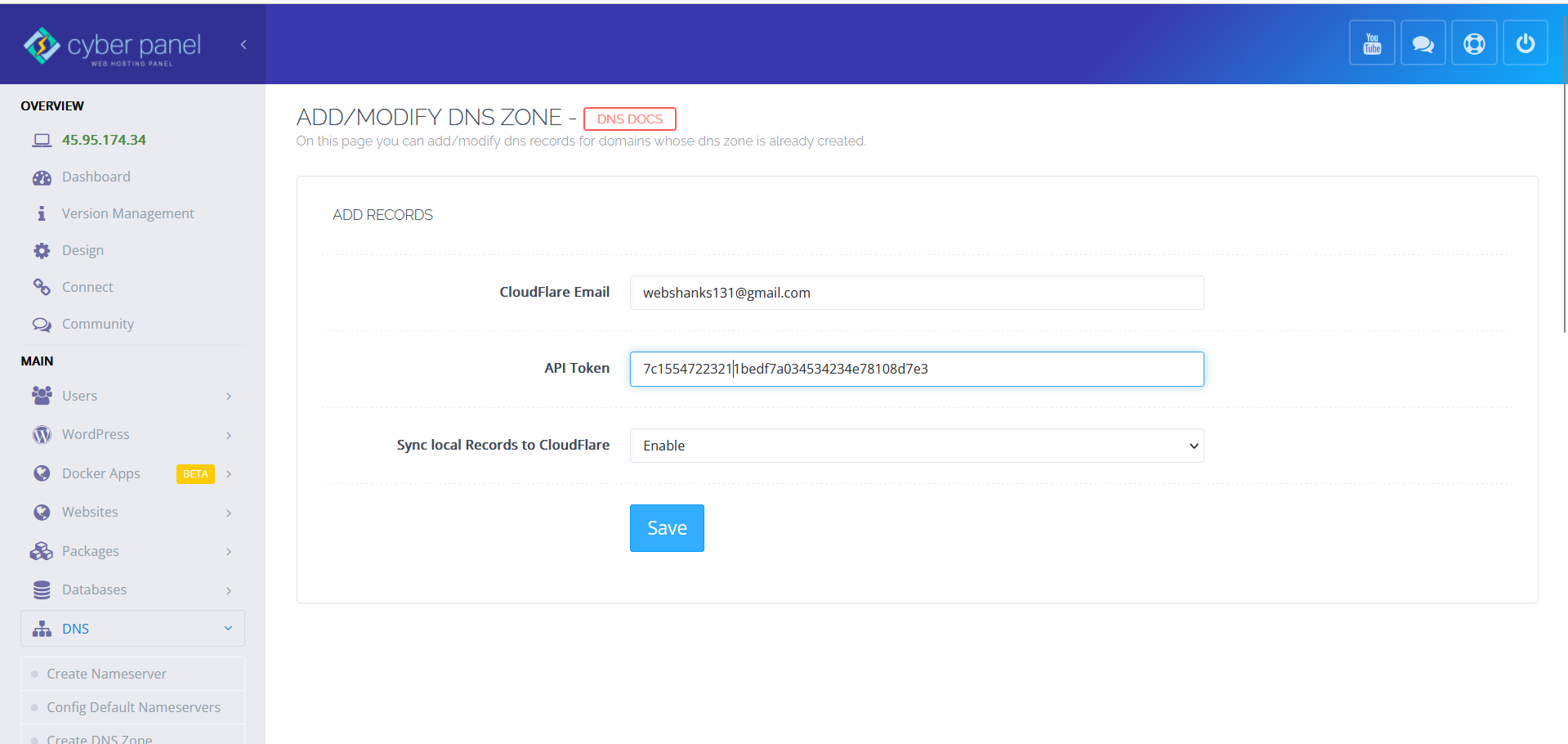 Add Cloudflare API CyberPanel