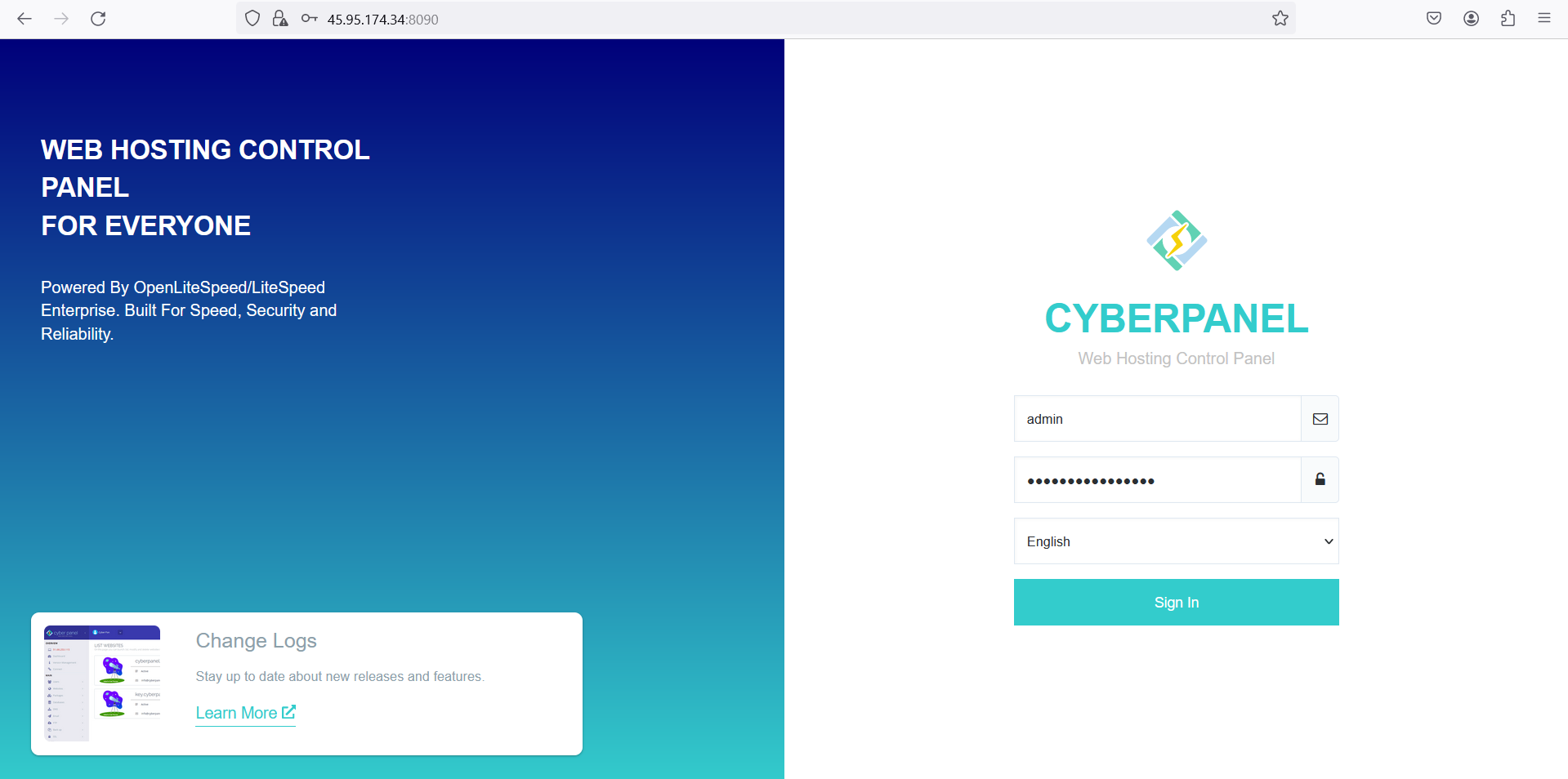CyberPanel login screen
