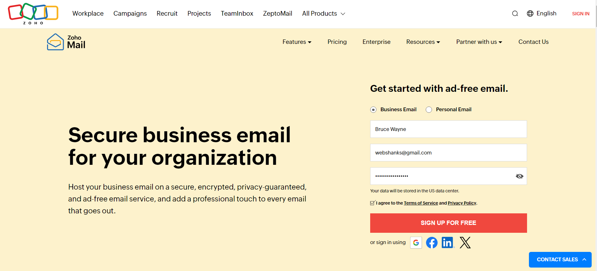 Register to Zoho Mail for Business