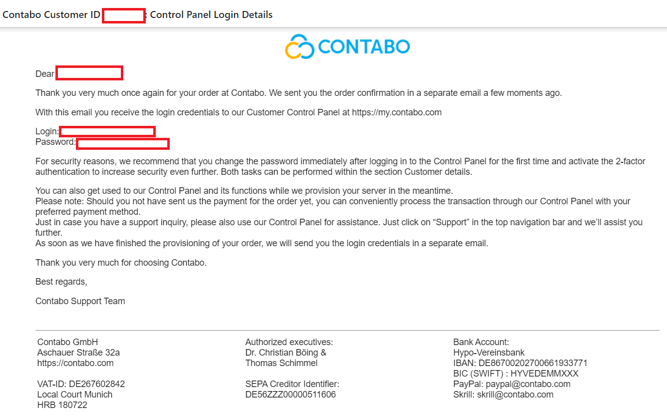 Contabo Customer ID Windows VPS Control Panel Login Details