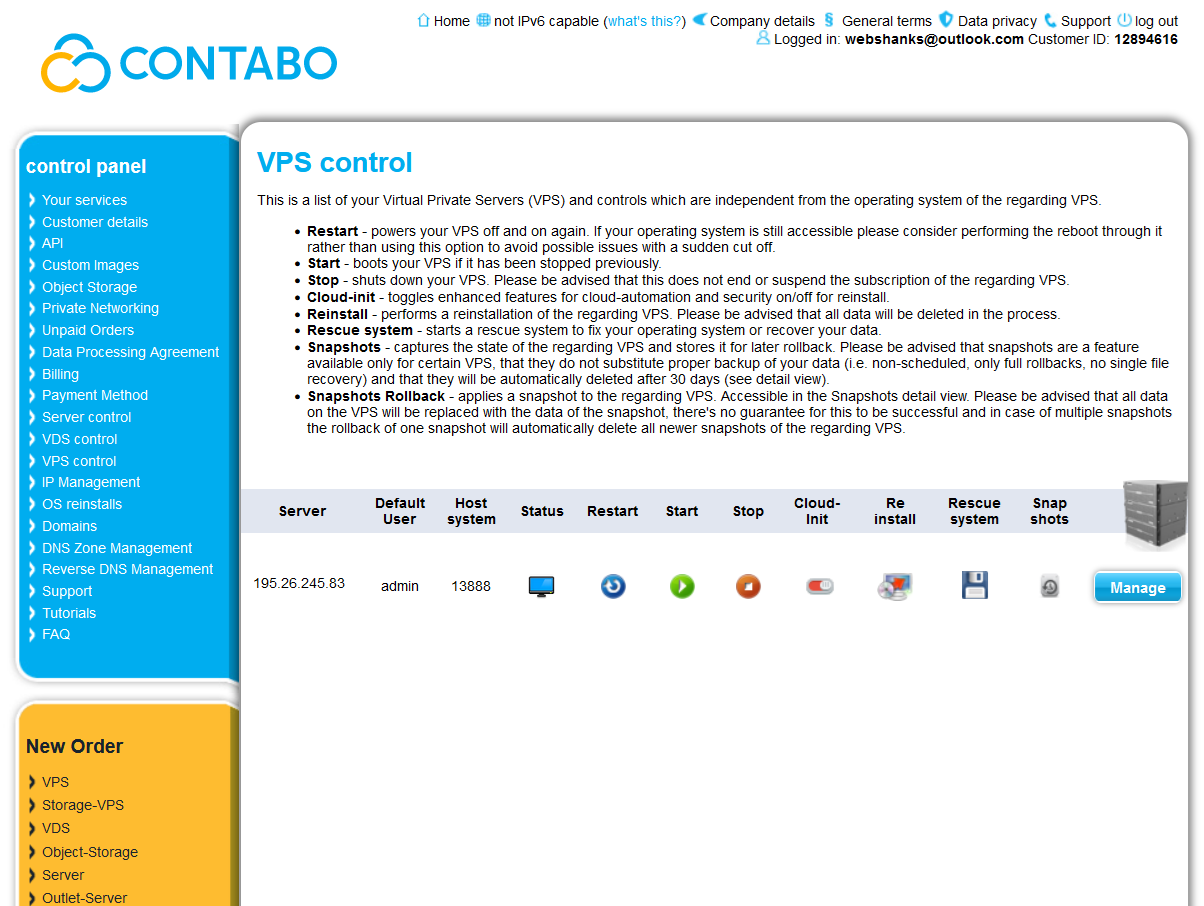 Contabo Windows VPS Control Panel