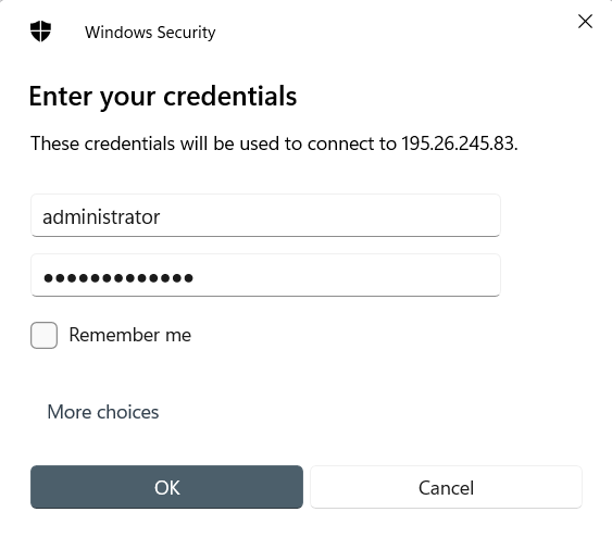 Enter Username and Password Windows VPS via RDP