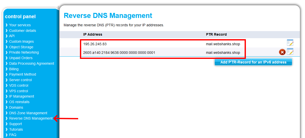 RDNS Management Contabo MailEnable