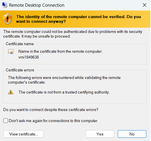 The identity of the remote computer cannot be verified. Do you want to connect anyway