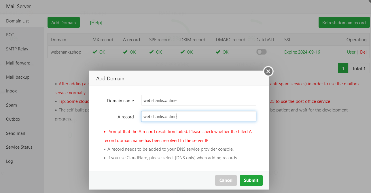 Add Domain and A DNS Record aaPanel