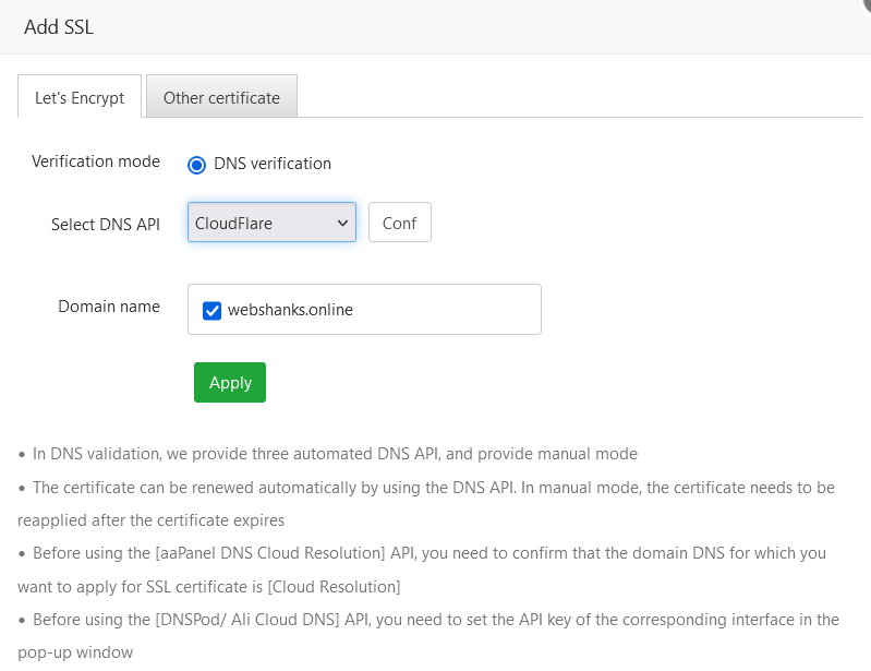Add SSL for New Domain aaPanel