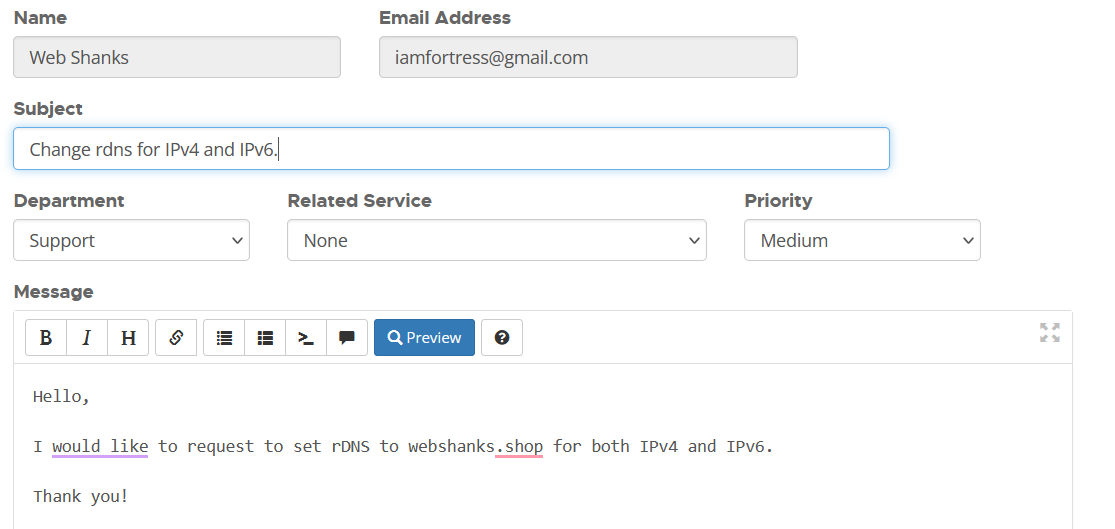 Request to Change rDNS