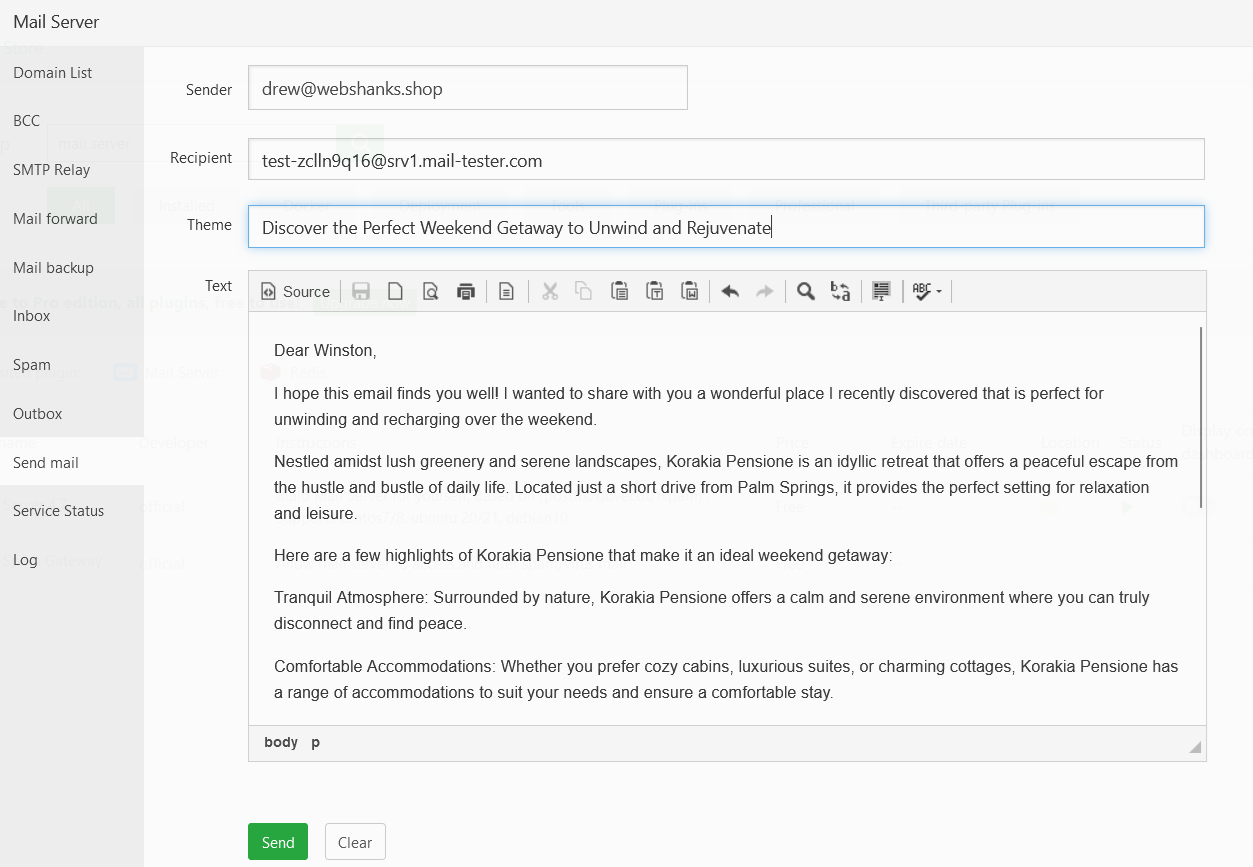 Send Test Email to Mail Tester aaPanel Mail Server