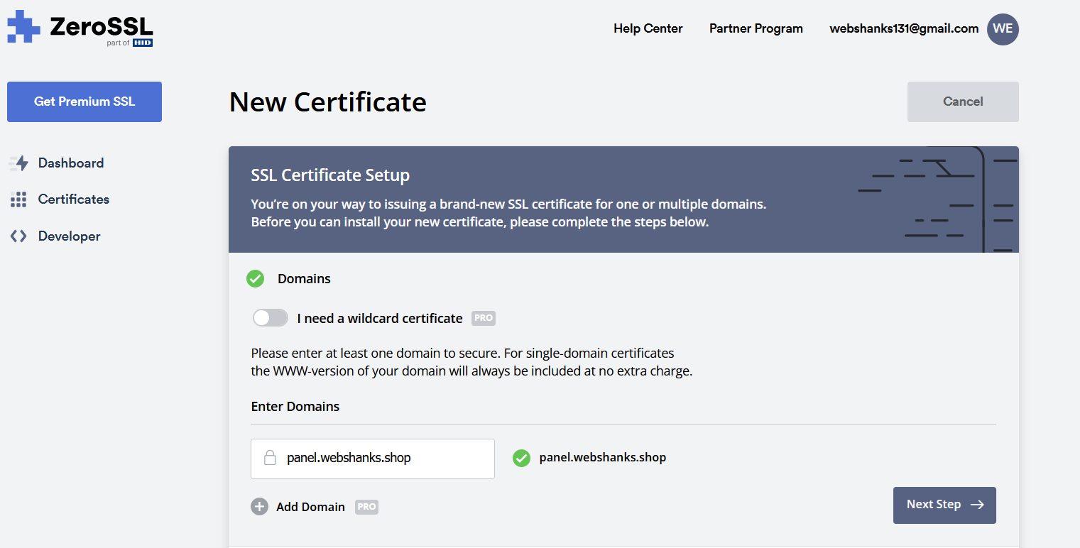 ZeroSSL Enter Domain