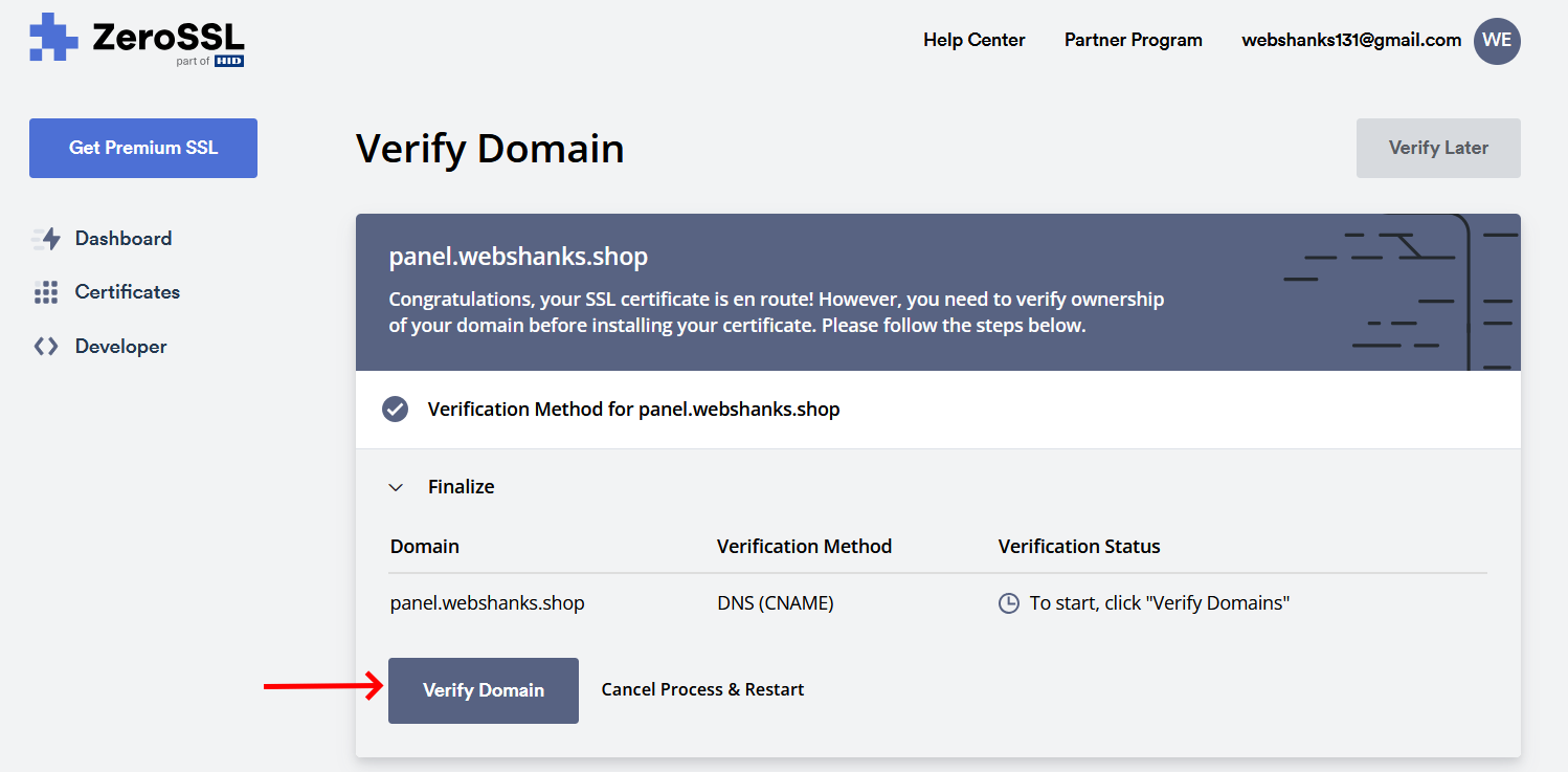 ZeroSSL Verify Domain