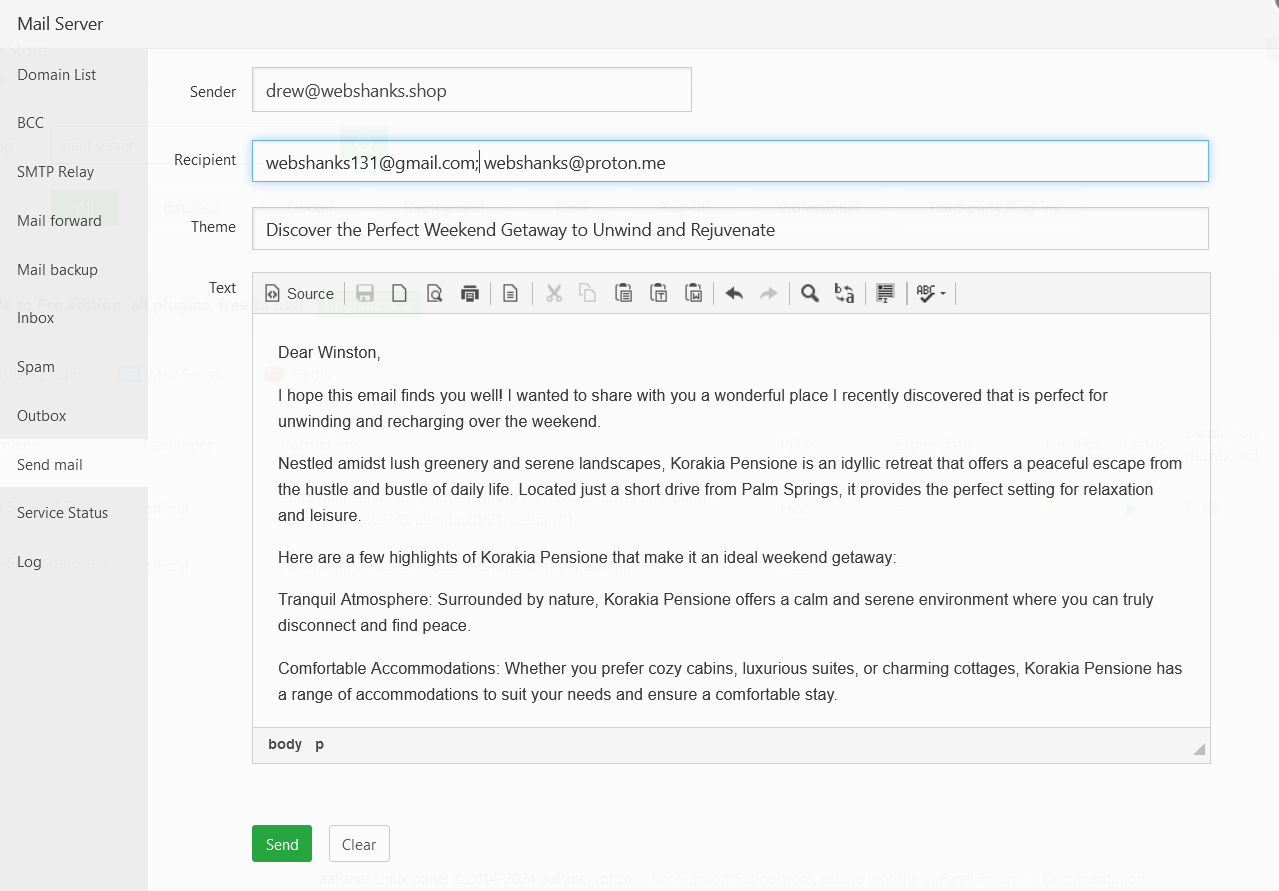 aaPanel Mail Server Test Email to Gmail Proton Mail