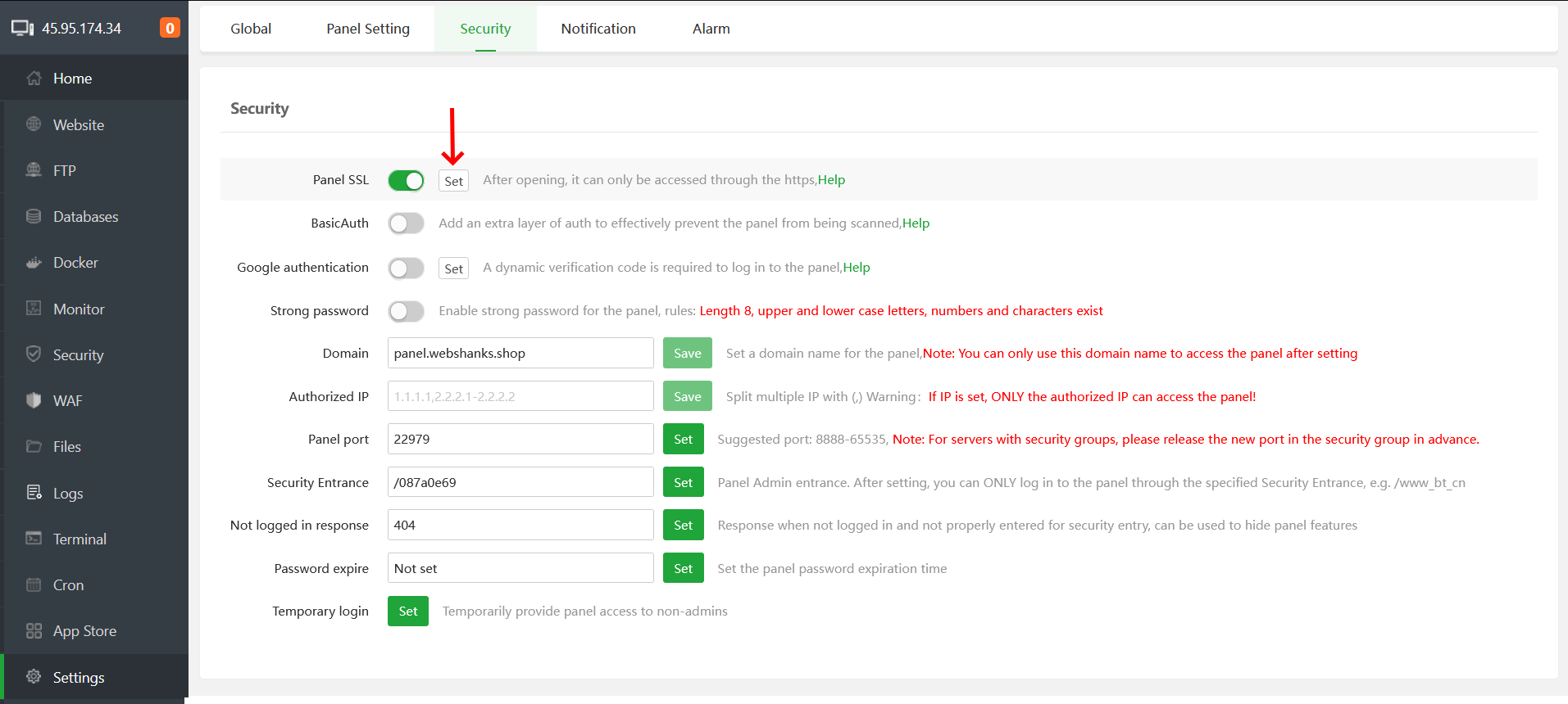 aaPanel Panel SSL Set