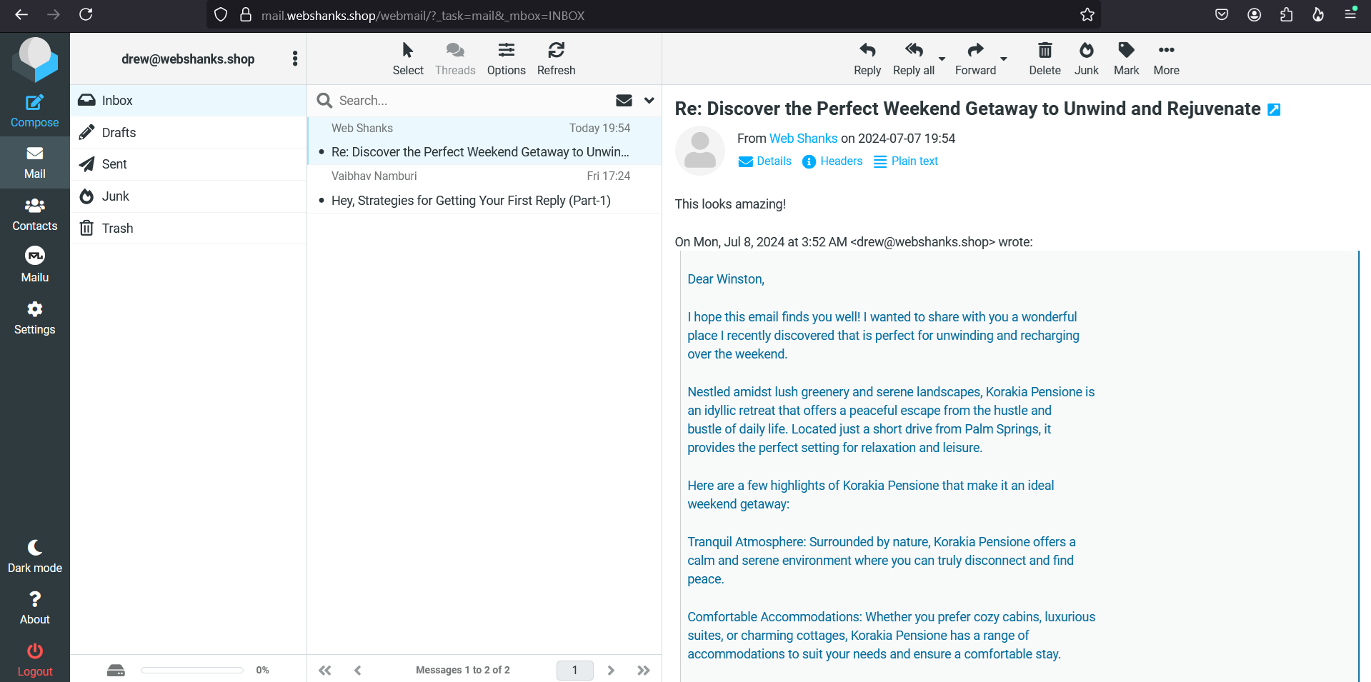 Mailu Received a Reply from Gmail