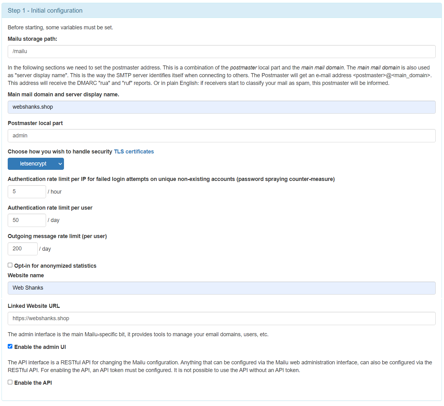 Step 1 - Initial configuration Mailu