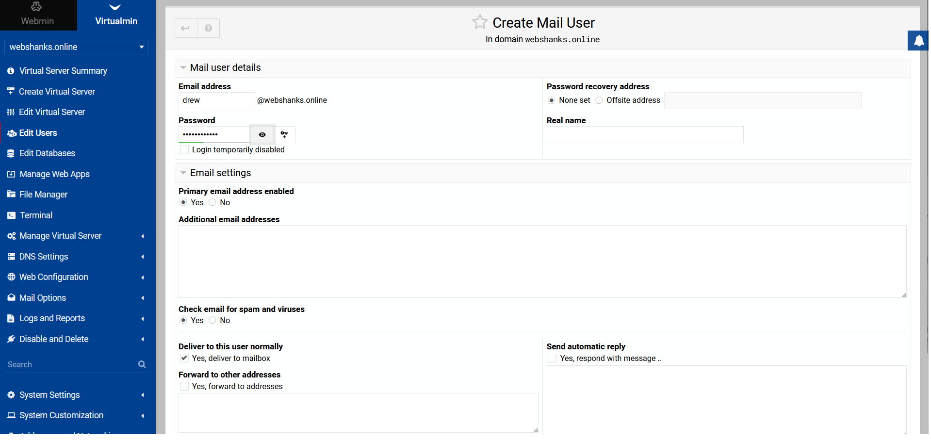 Create Mail User In domain webshanks.online