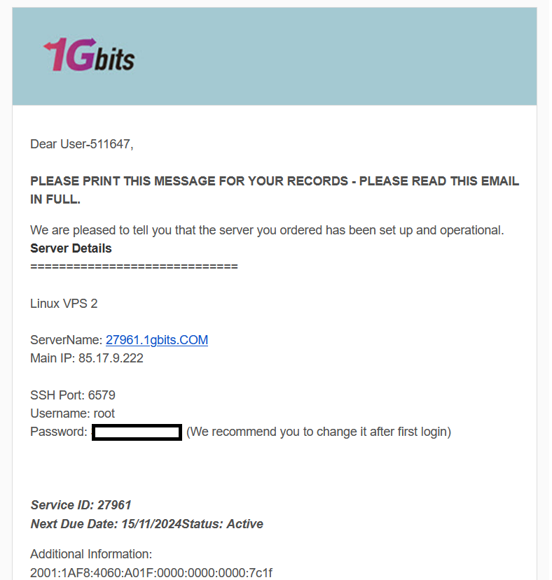 1Gbits Login VPS Credentials