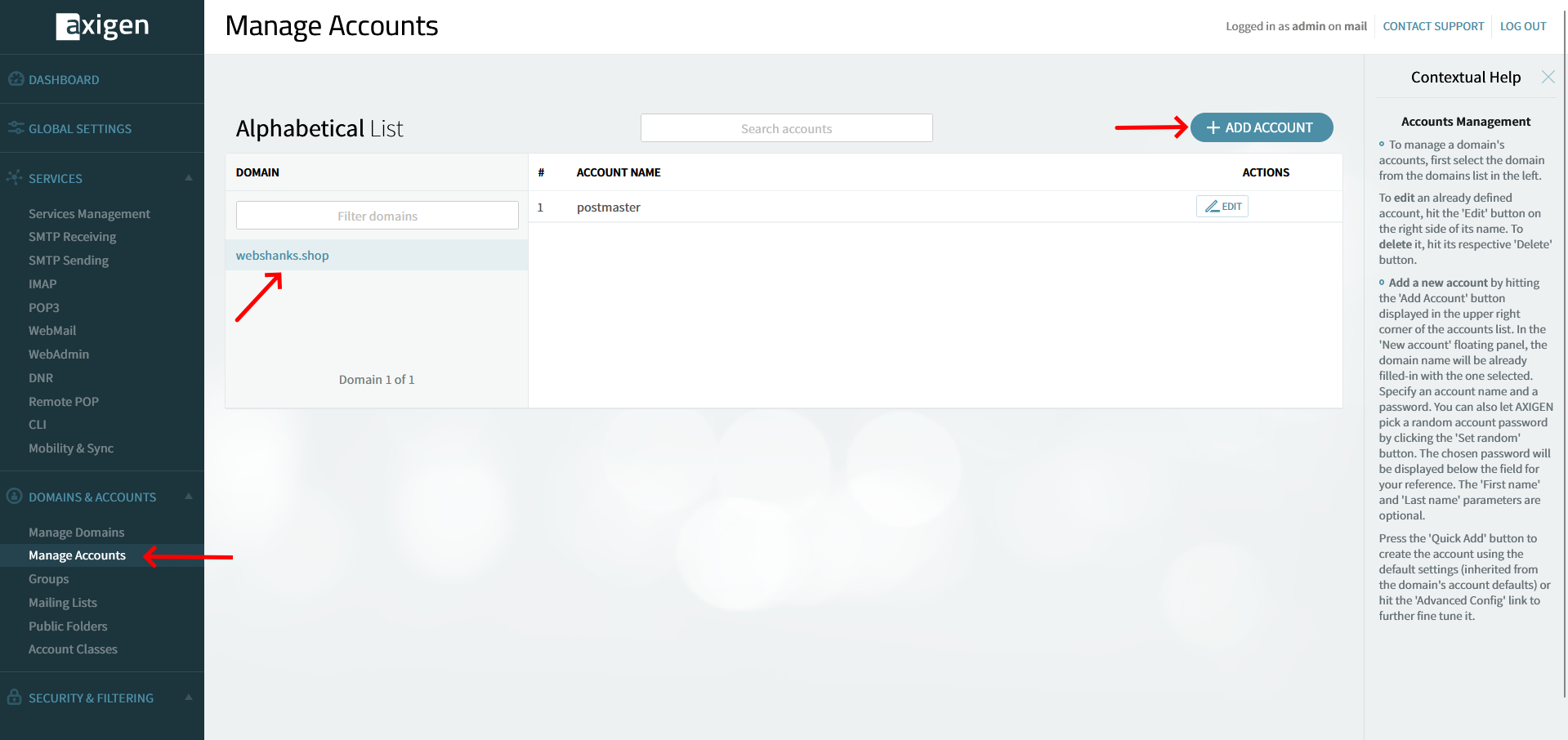 Axigen Add Email Accounts