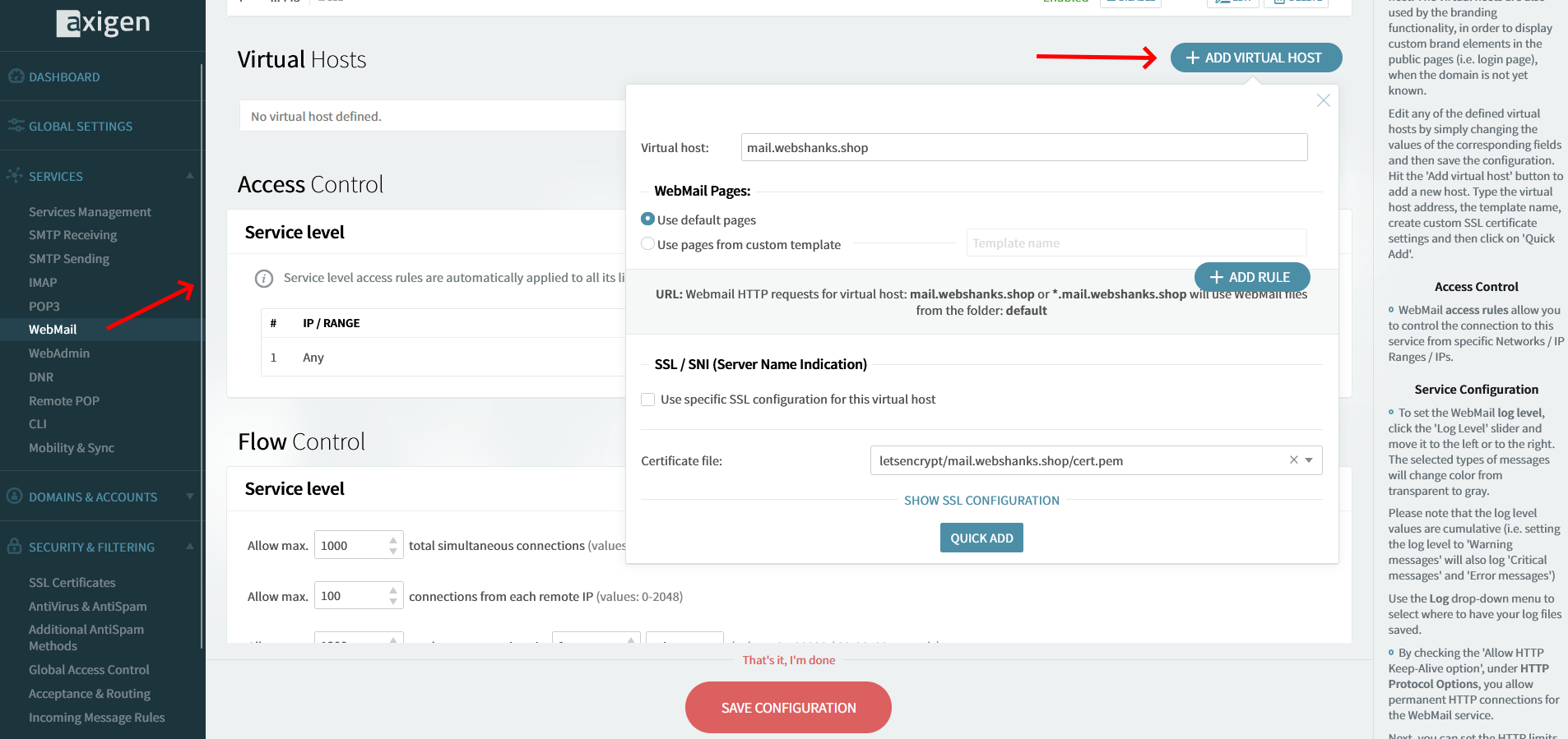 Axigen Add Virtual Host