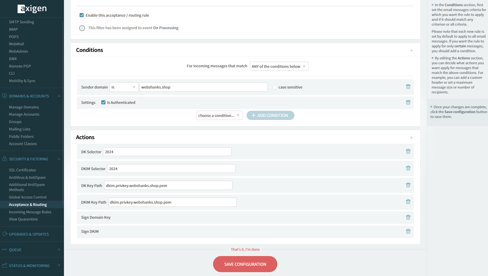 Axigen DKIm Acceptance and routing.