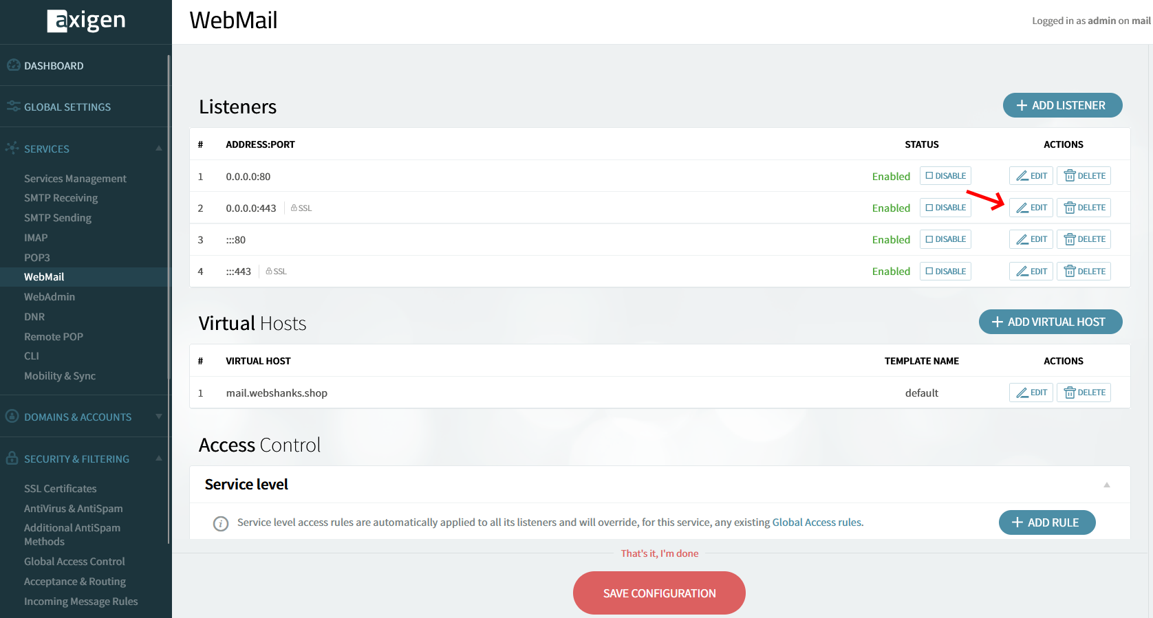 Axigen Virtual Host Listeners