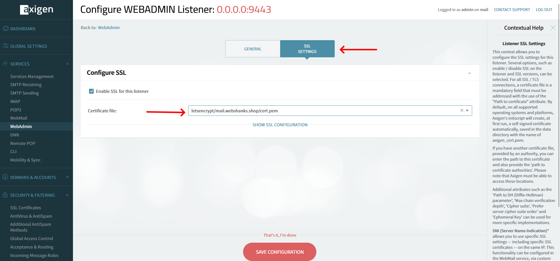 Configure WEBADMIN Listener