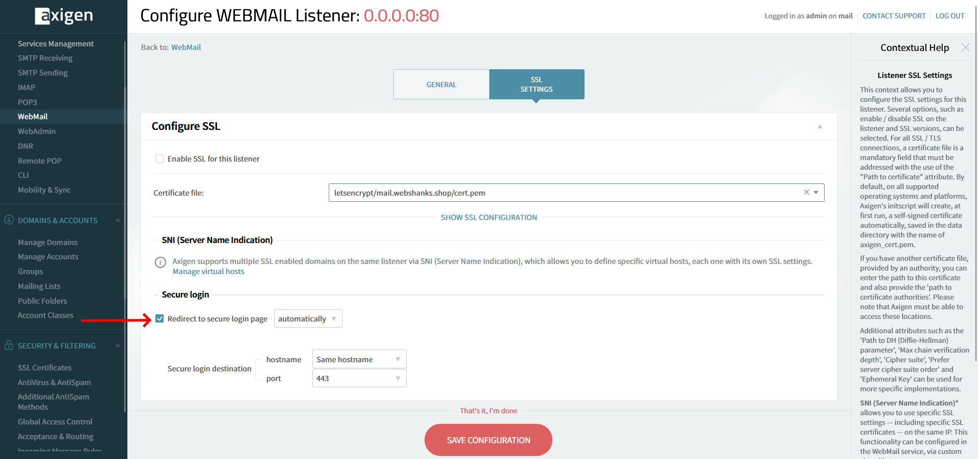 Configure WEBMAIL Listener Port 80