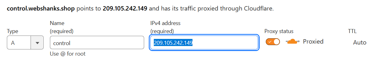 Create A record for Coolify FQDN