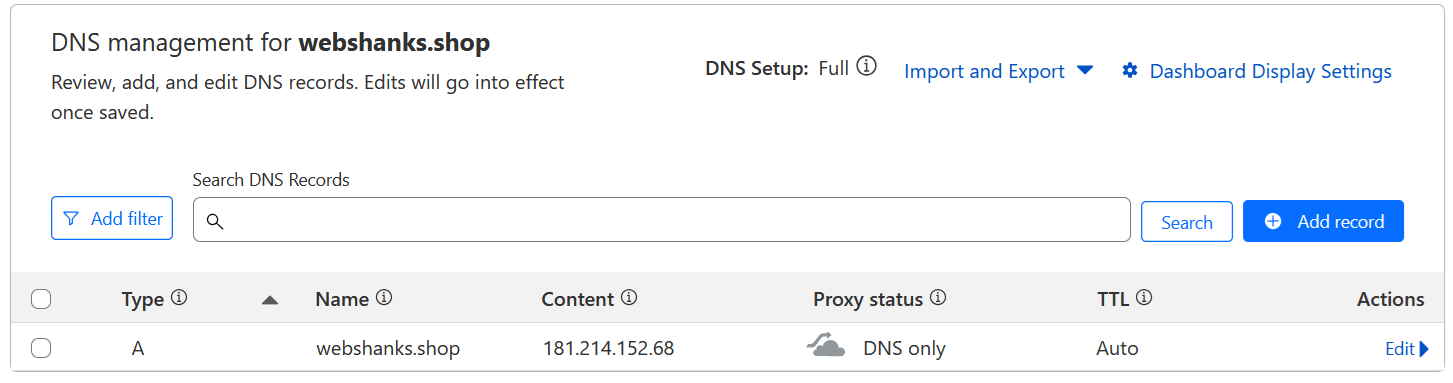 DNS Record for Virtualmin WordPress Installation