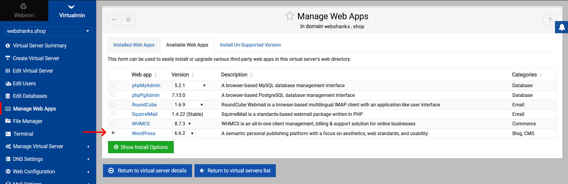 Install WordPress Virtualmin