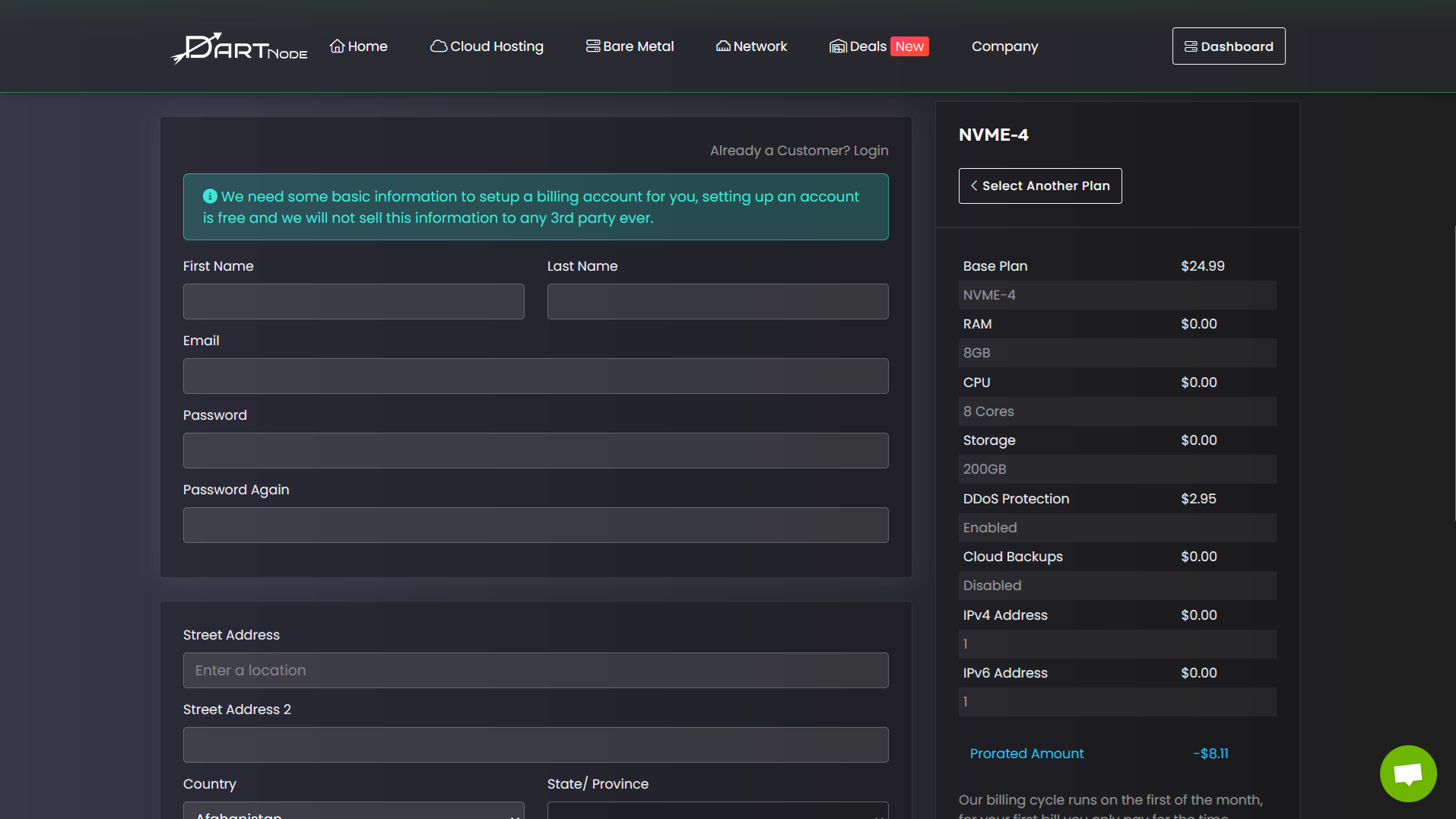 DartNode Setup a billing account