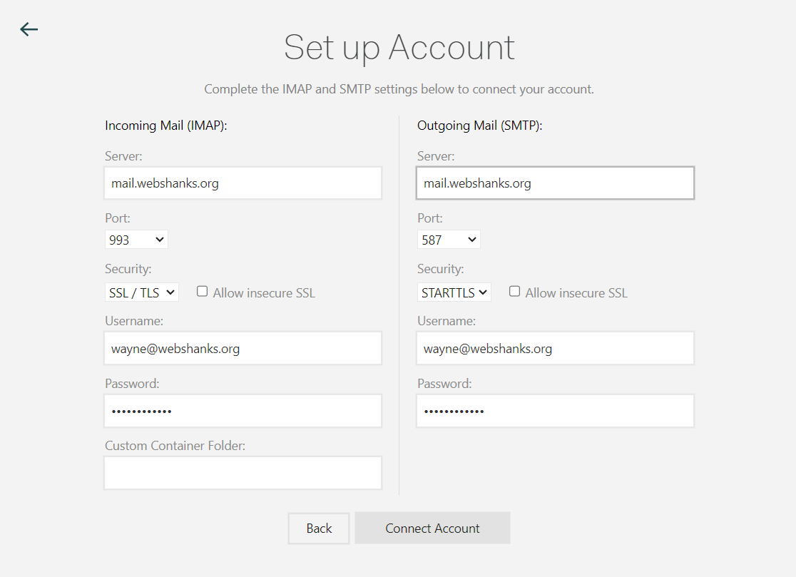 MailSpring Modoboa Setup Account