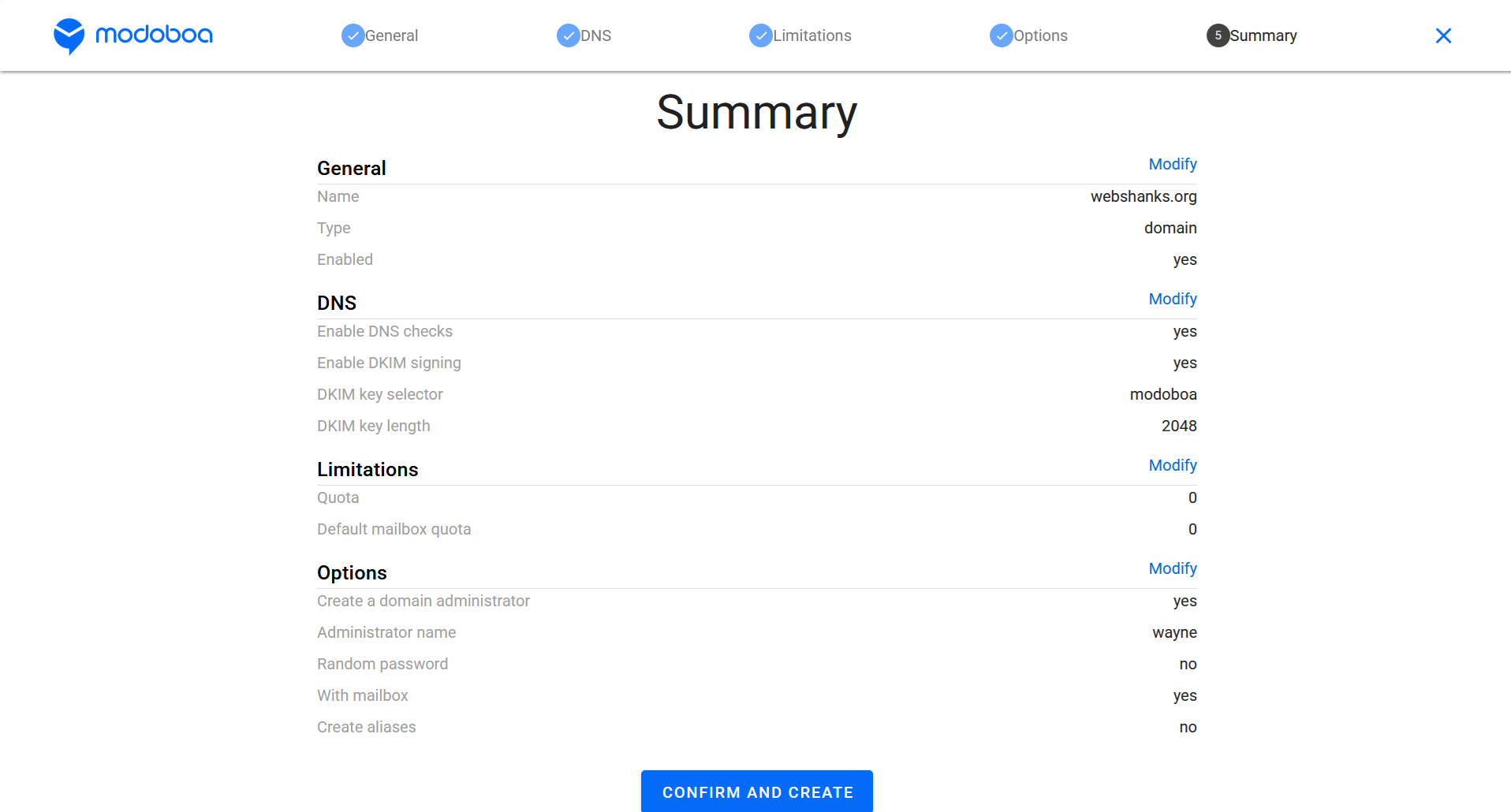 Modoboa New domain - Summary