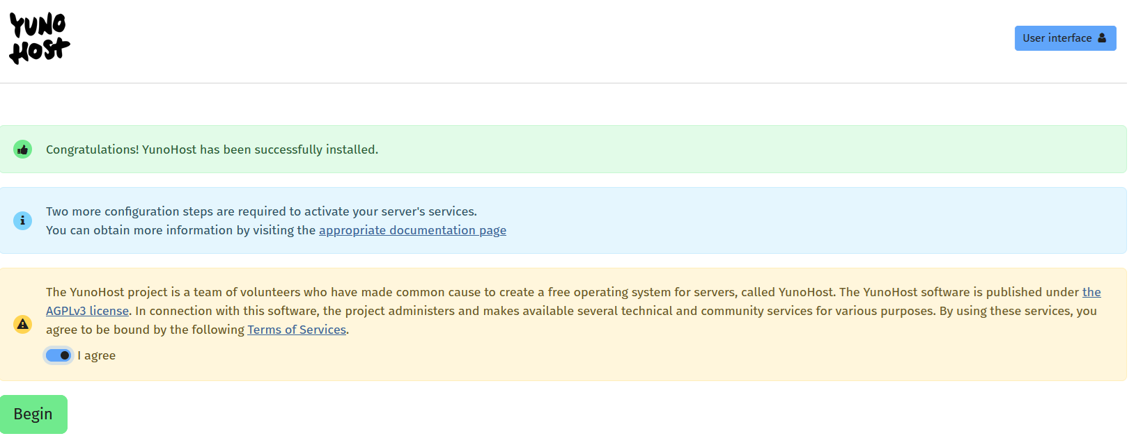 Congratulations! YunoHost has been successfully installed.