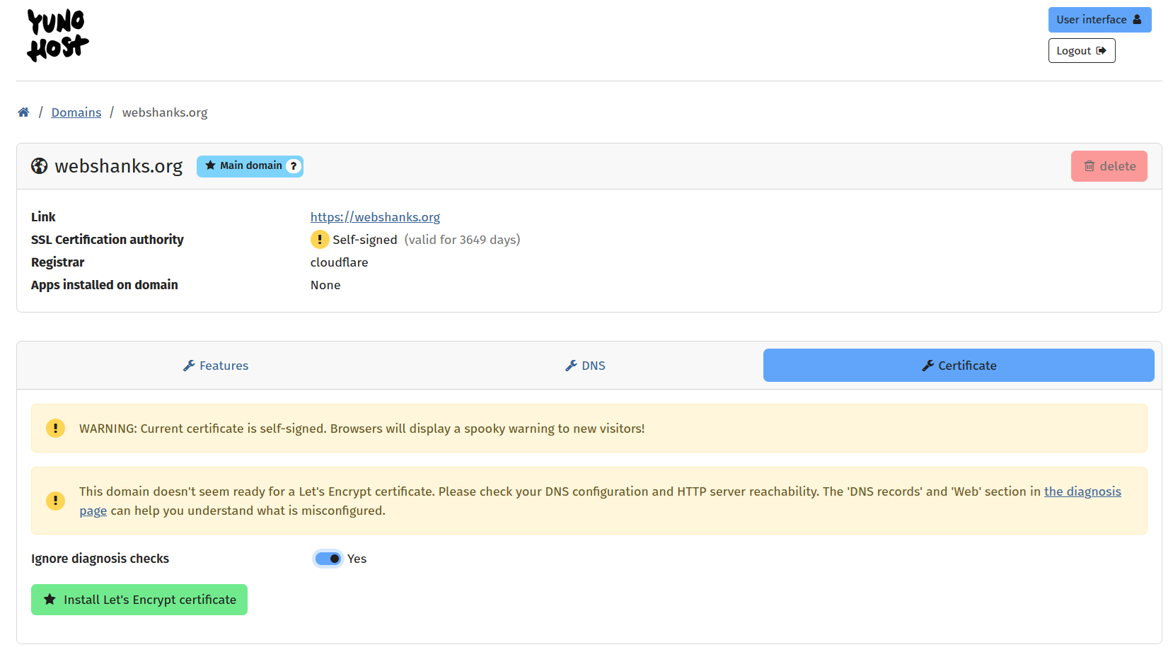 Issue SSL Certificate Main Domain YunoHost