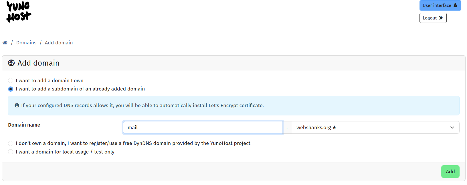 YunoHost Add domain