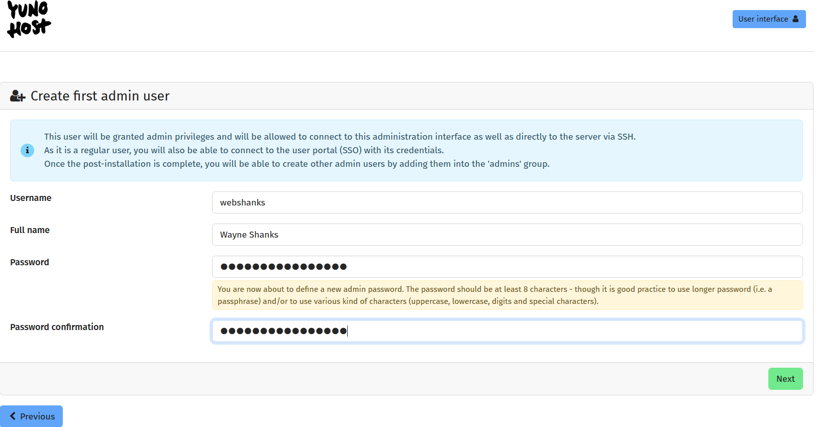 YunoHost Create first admin user