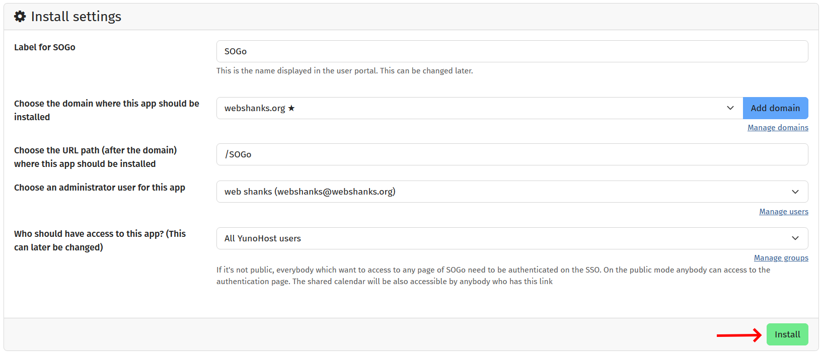 YunoHost Install SOGo Webmail