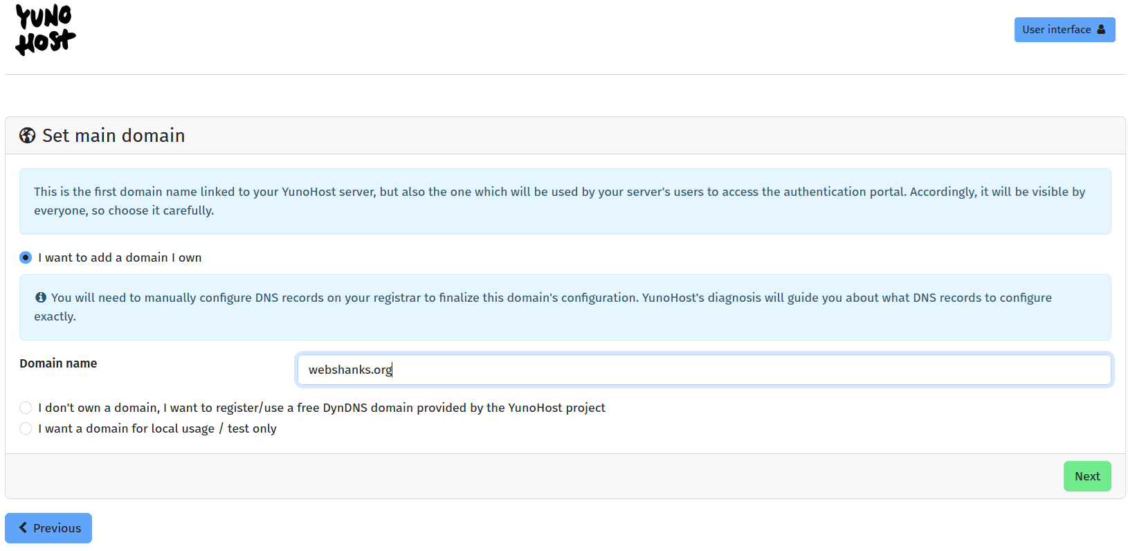 YunoHost Set main domain