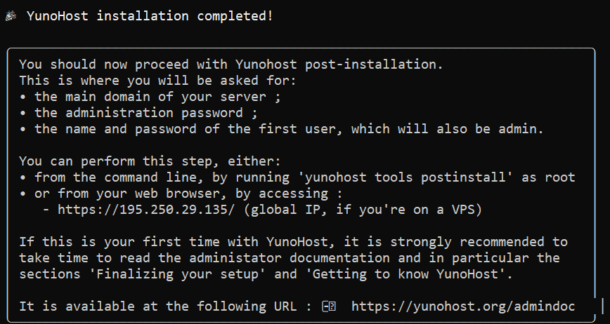 YunoHost installation completed!